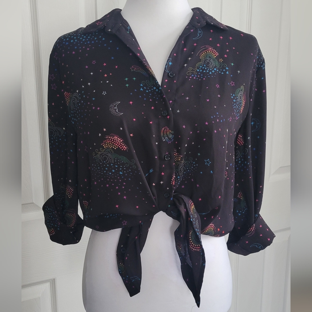 Warehouse Black Celestial Button Down Long Sleeve Shirt, Moon Stars, Women's 10
